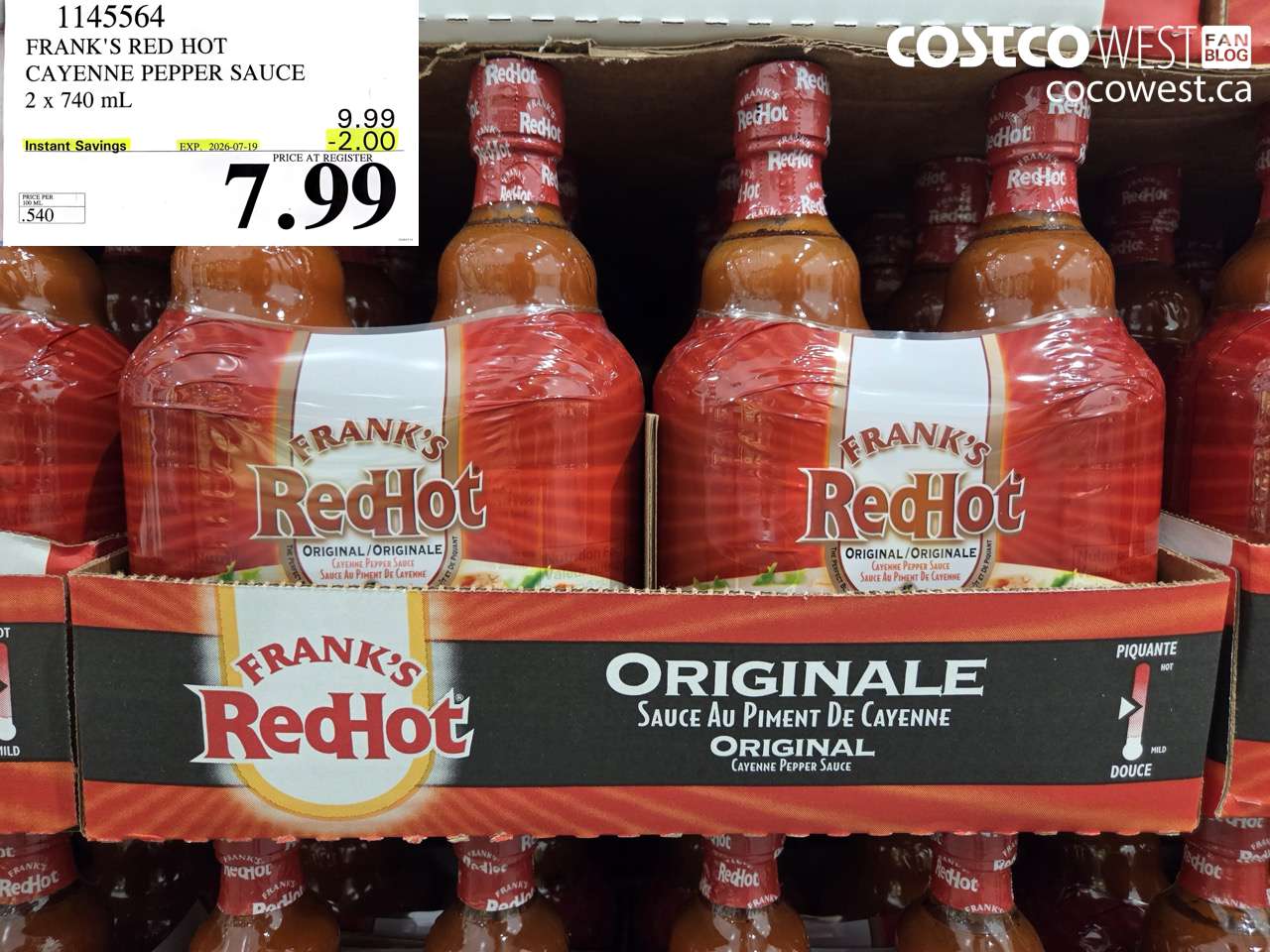 1145564 FRANK'S RED HOT CAYENNE PEPPER SAUCE 2 X 740 ML ($2.00 INSTANT SAVINGS EXPIRES ON 2026-07-19) $7.99