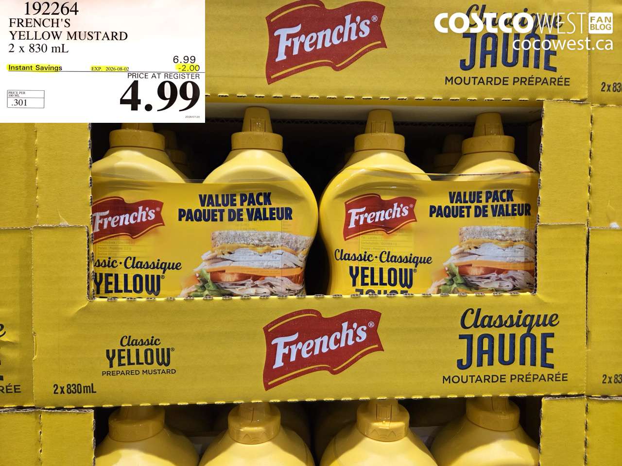 192264 FRENCH'S YELLOW MUSTARD 2 X 830 ML ($2.00 INSTANT SAVINGS EXPIRES ON 2026-08-02) $4.99