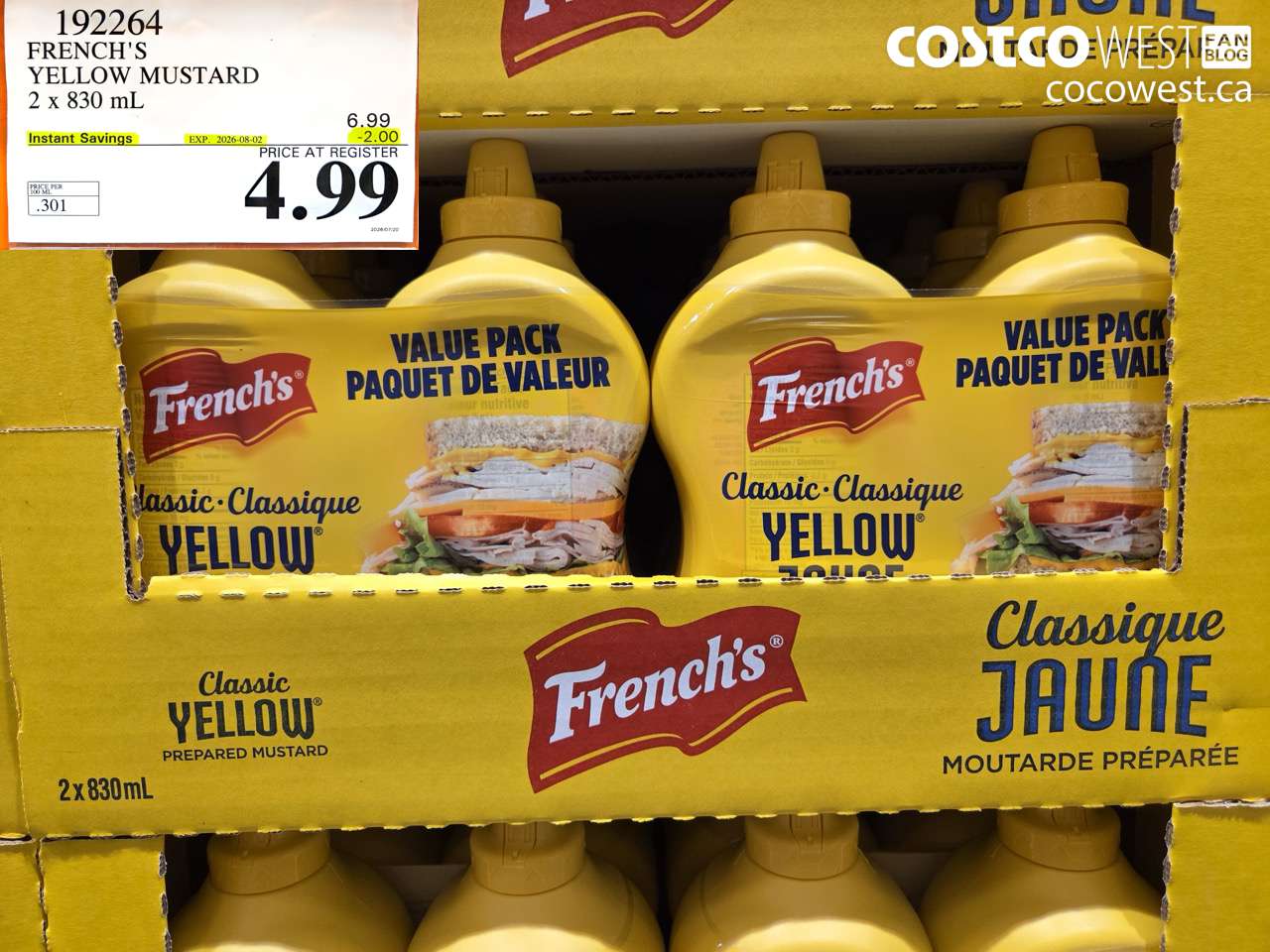192264 FRENCH'S YELLOW MUSTARD 2 X 830 ML ($2.00 INSTANT SAVINGS EXPIRES ON 2026-08-02) $4.99