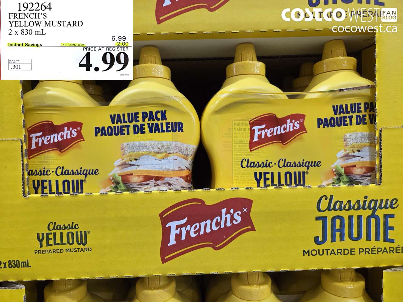 192264 FRENCH'S YELLOW MUSTARD 2 X 830 ML ($2.00 INSTANT SAVINGS EXPIRES ON 2026-08-02) $4.99