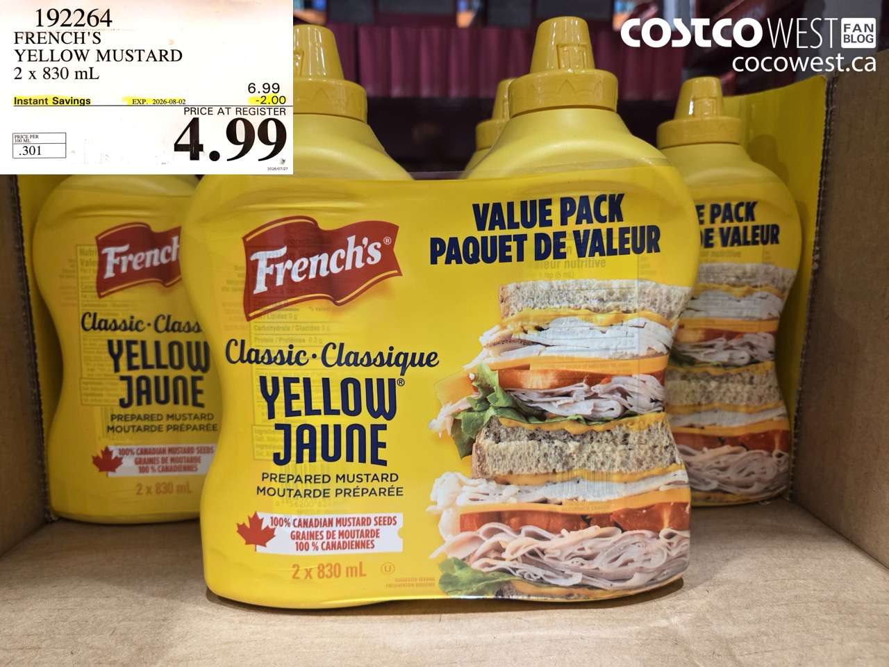 192264 FRENCH'S YELLOW MUSTARD 2 X 830 ML ($2.00 INSTANT SAVINGS EXPIRES ON 2026-08-02) $4.99