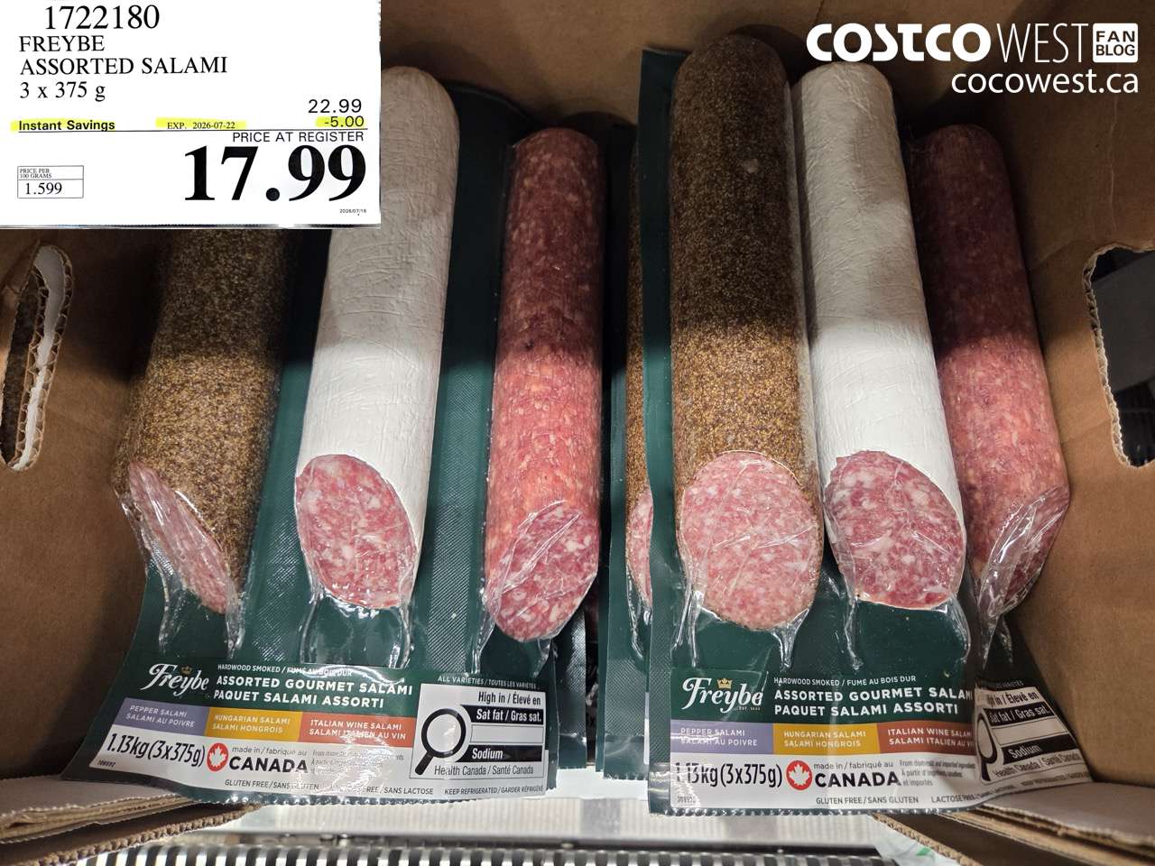 1722180 FREYBE ASSORTED SALAMI 3 X 375 G ($5.00 INSTANT SAVINGS EXPIRES ON 2026-07-22) $17.99