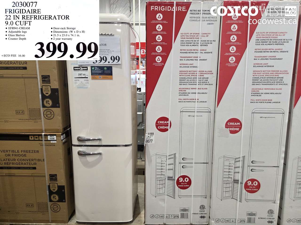 2030077 FRIGIDAIRE 22 IN REFRIGERATOR 9.0 CUFT $399.99