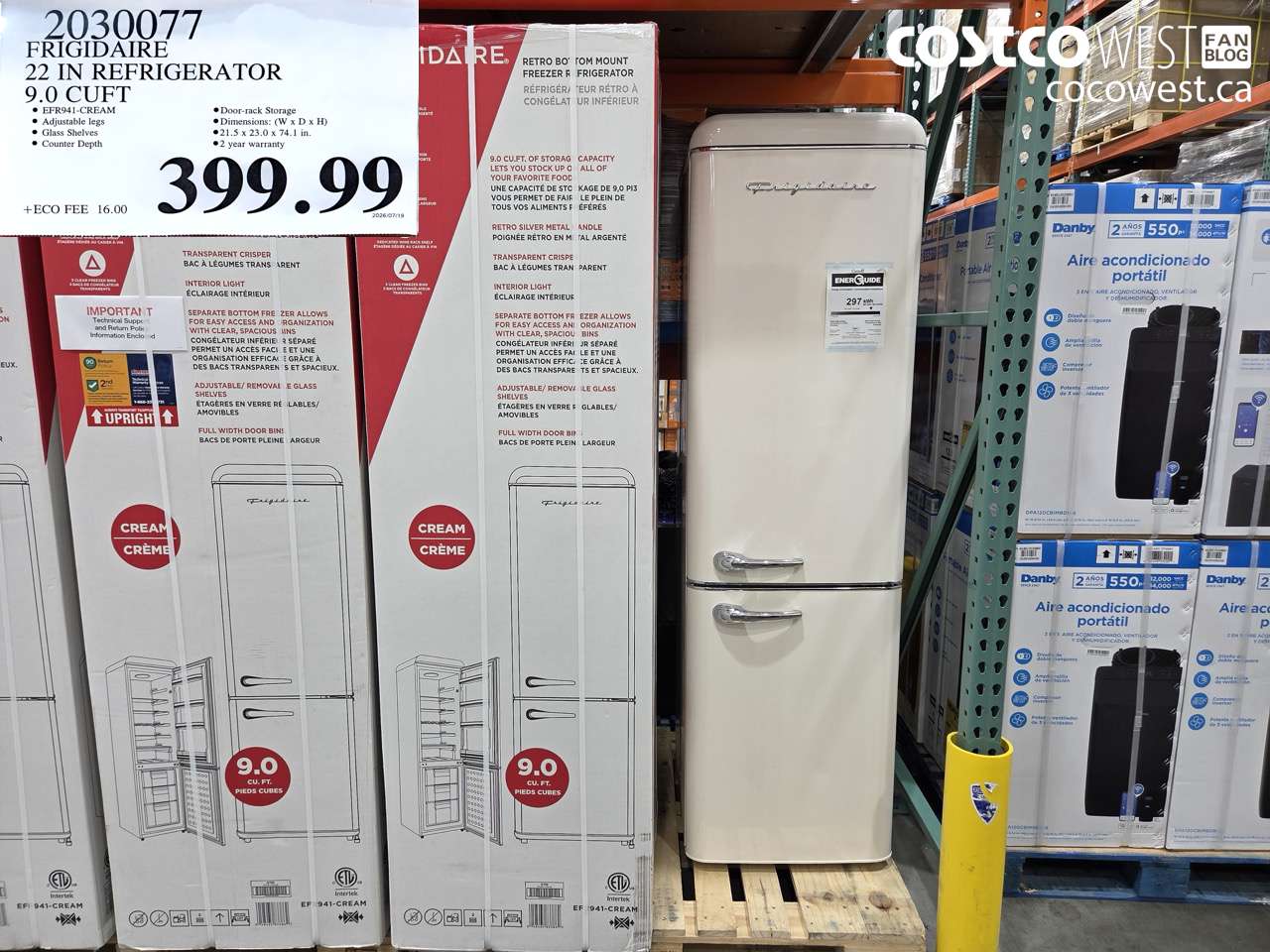 2030077 FRIGIDAIRE 22 IN REFRIGERATOR 9.0 CUFT $399.99