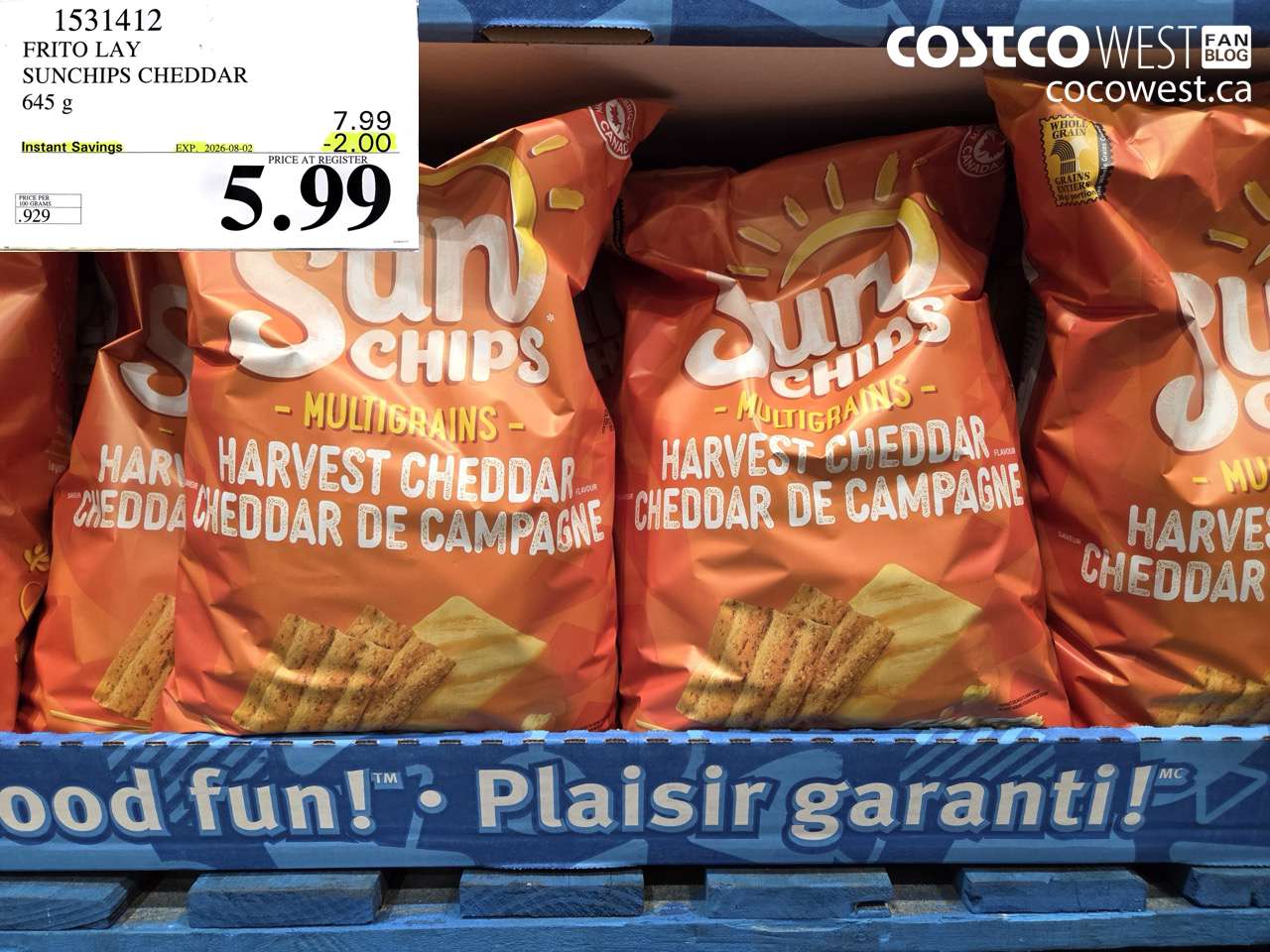 1531412 FRITO LAY SUNCHIPS CHEDDAR 645 G ($2.00 INSTANT SAVINGS EXPIRES ON 2026-08-02) $5.99
