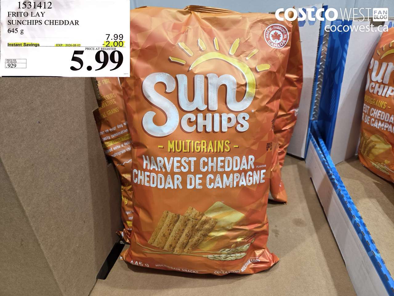 1531412 FRITO LAY SUNCHIPS CHEDDAR 645 G ($2.00 INSTANT SAVINGS EXPIRES ON 2026-08-02) $5.99