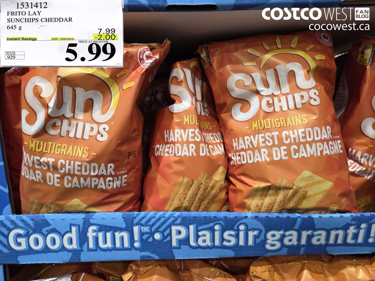 1531412 FRITO LAY SUNCHIPS CHEDDAR 645 G ($2.00 INSTANT SAVINGS EXPIRES ON 2026-08-02) $5.99