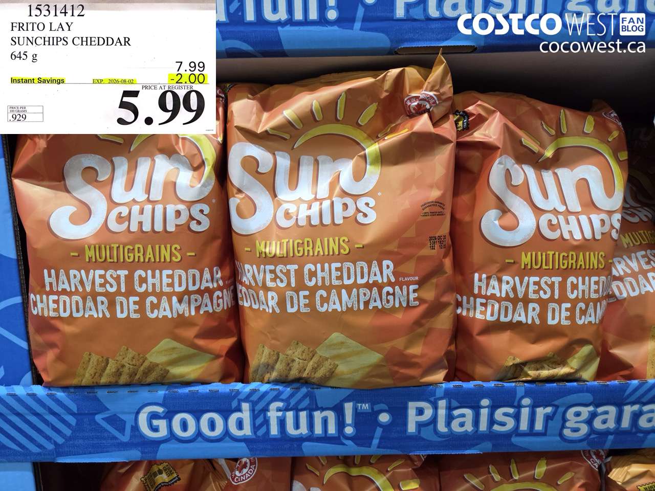 1531412 FRITO LAY SUNCHIPS CHEDDAR 645 G ($2.00 INSTANT SAVINGS EXPIRES ON 2026-08-02) $5.99