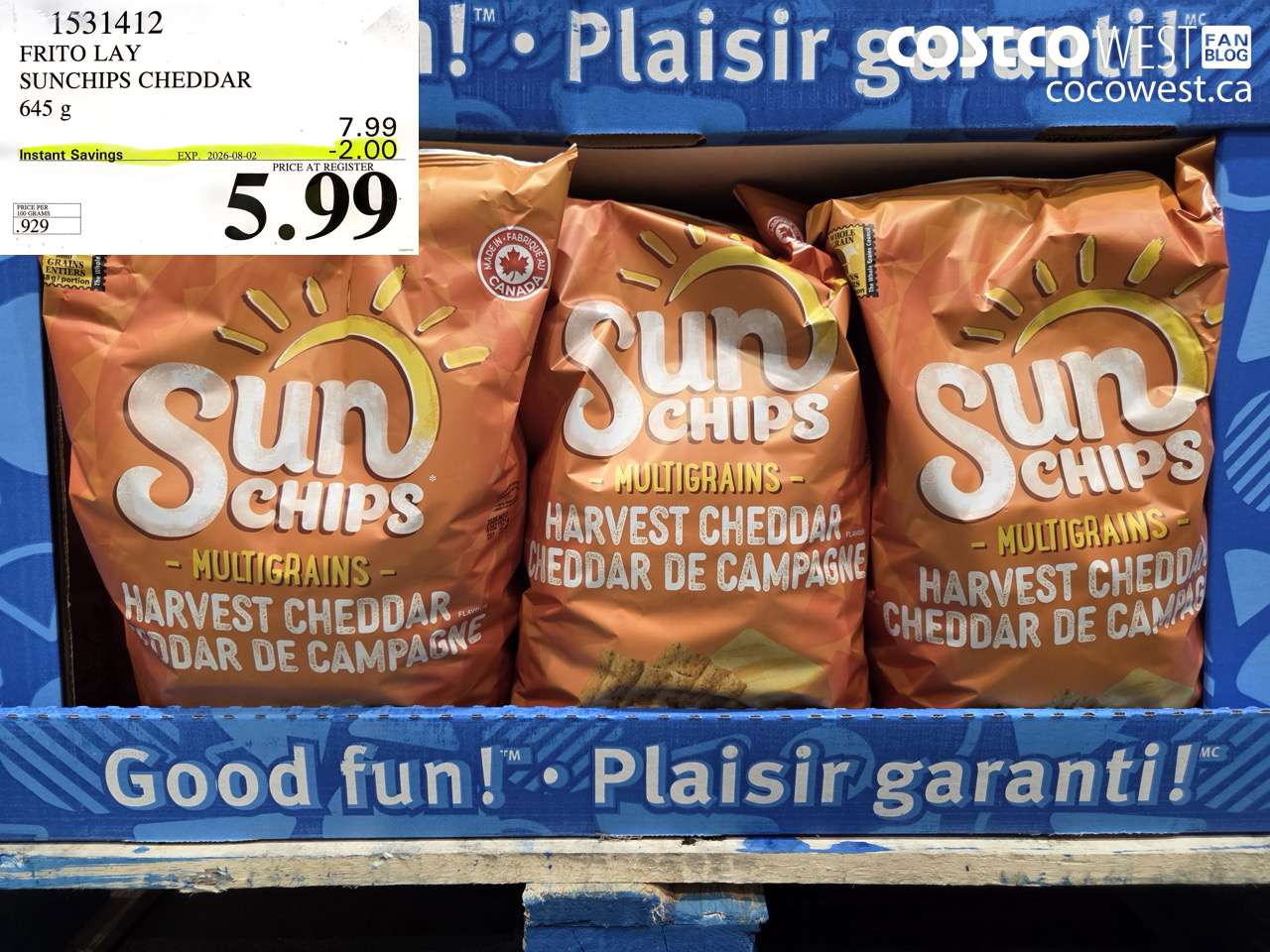 1531412 FRITO LAY SUNCHIPS CHEDDAR 645 G ($2.00 INSTANT SAVINGS EXPIRES ON 2026-08-02) $5.99