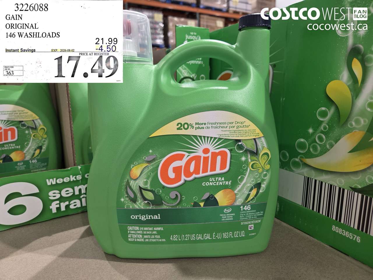 3226088 GAIN ORIGINAL 146 WASHLOADS ($4.50 INSTANT SAVINGS EXPIRES ON 2026-08-02) $17.49