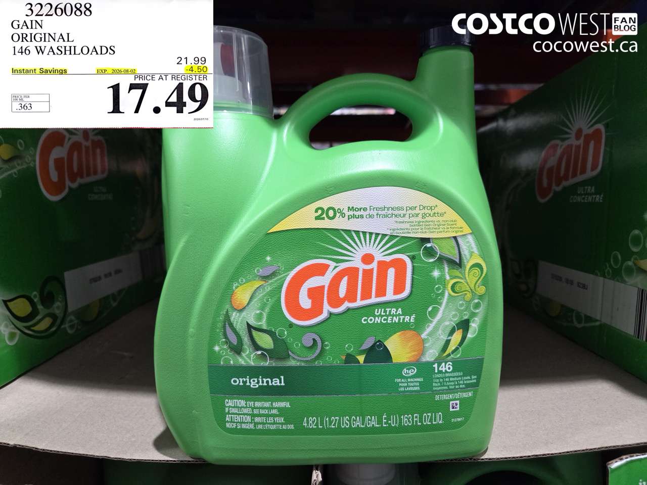 3226088 GAIN ORIGINAL 146 WASHLOADS ($4.50 INSTANT SAVINGS EXPIRES ON 2026-08-02) $17.49