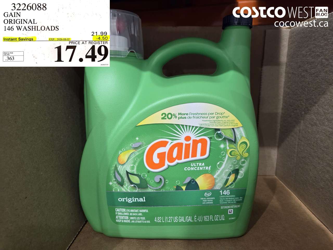 3226088 GAIN ORIGINAL 146 WASHLOADS ($4.50 INSTANT SAVINGS EXPIRES ON 2026-08-02) $17.49