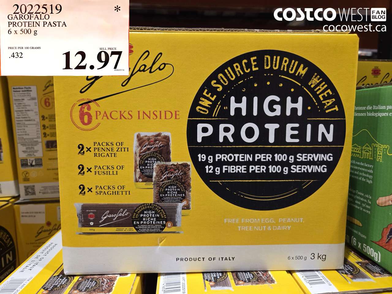 2022519 GAROFALO PROTEIN PASTA 6 X 500 G $12.97