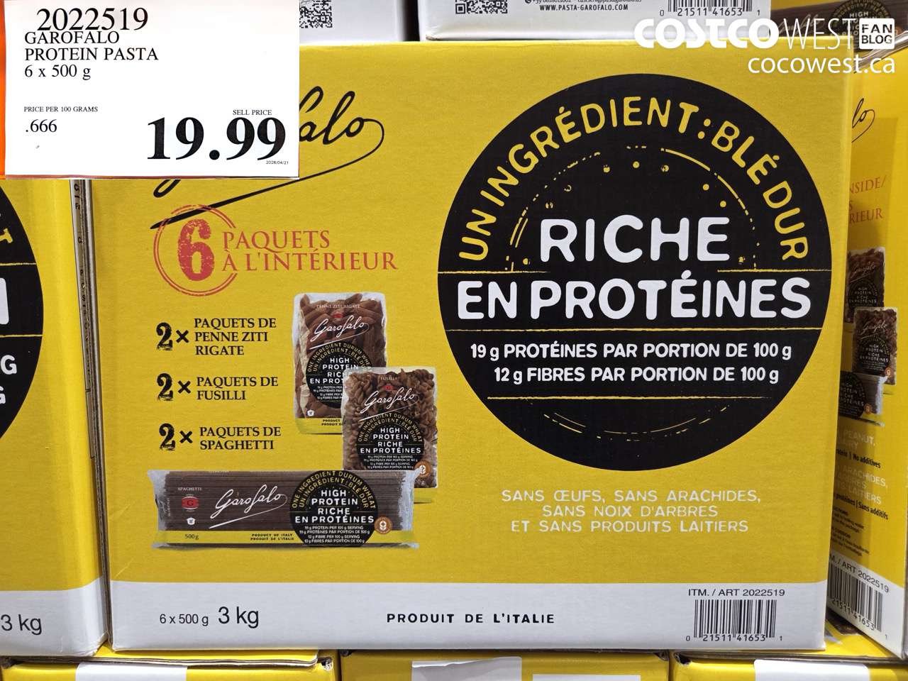 2022519 GAROFALO PROTEIN PASTA 6 X 500 G $19.99