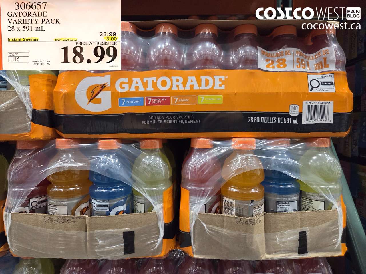 306657 GATORADE VARIETY PACK 28 X 591 ML ($5.00 INSTANT SAVINGS EXPIRES ON 2026-08-02) $18.99