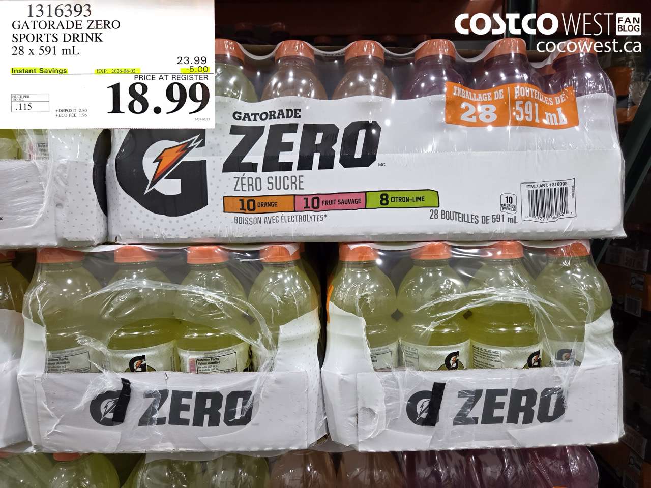 1316393 GATORADE ZERO SPORTS DRINK 28 X 591 ML ($5.00 INSTANT SAVINGS EXPIRES ON 2026-08-02) $18.99