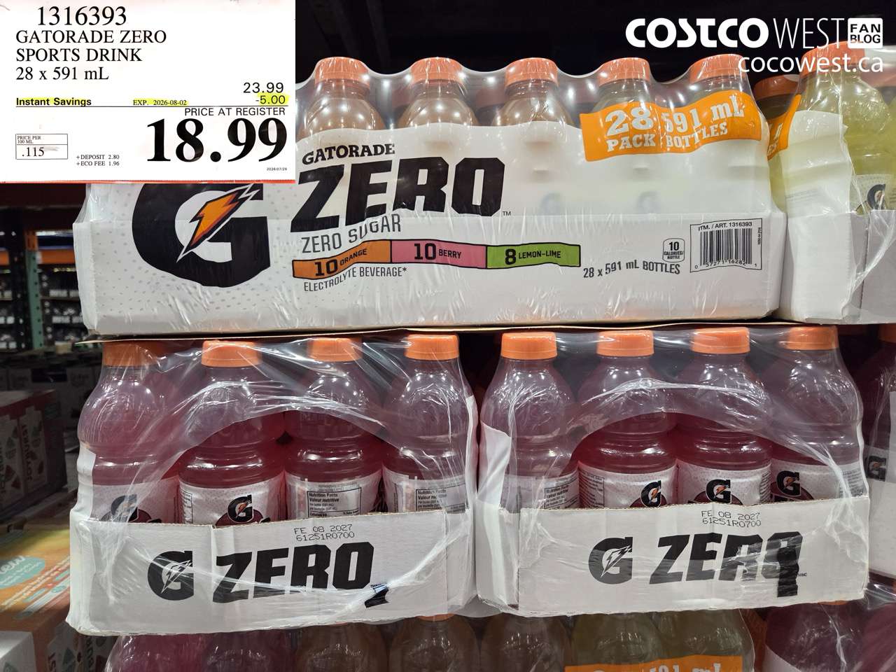 1316393 GATORADE ZERO SPORTS DRINK 28 X 591 ML ($5.00 INSTANT SAVINGS EXPIRES ON 2026-08-02) $18.99