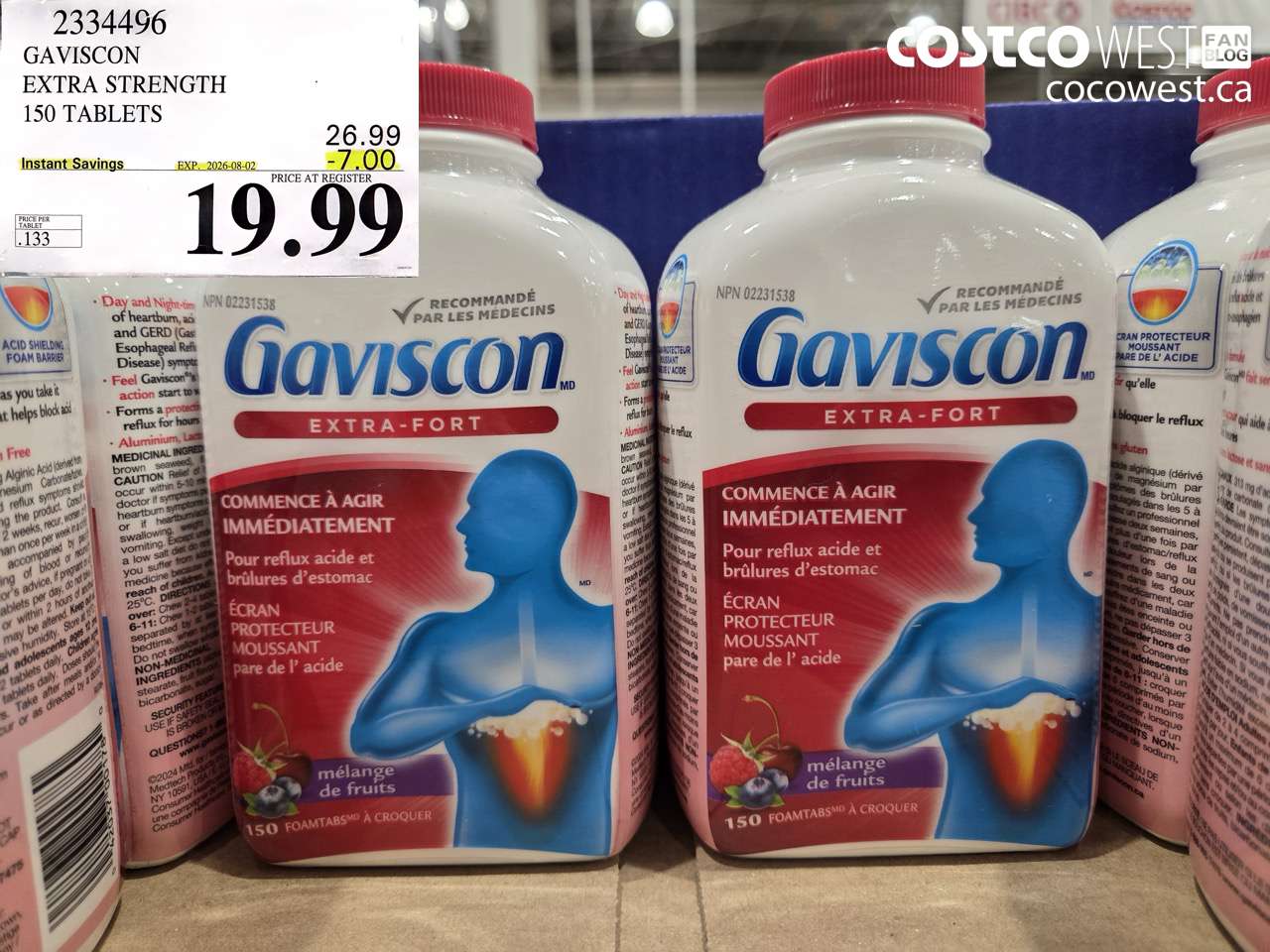 2334496 GAVISCON EXTRA STRENGTH 150 TABLETS ($7.00 INSTANT SAVINGS EXPIRES ON 2026-08-02) $19.99