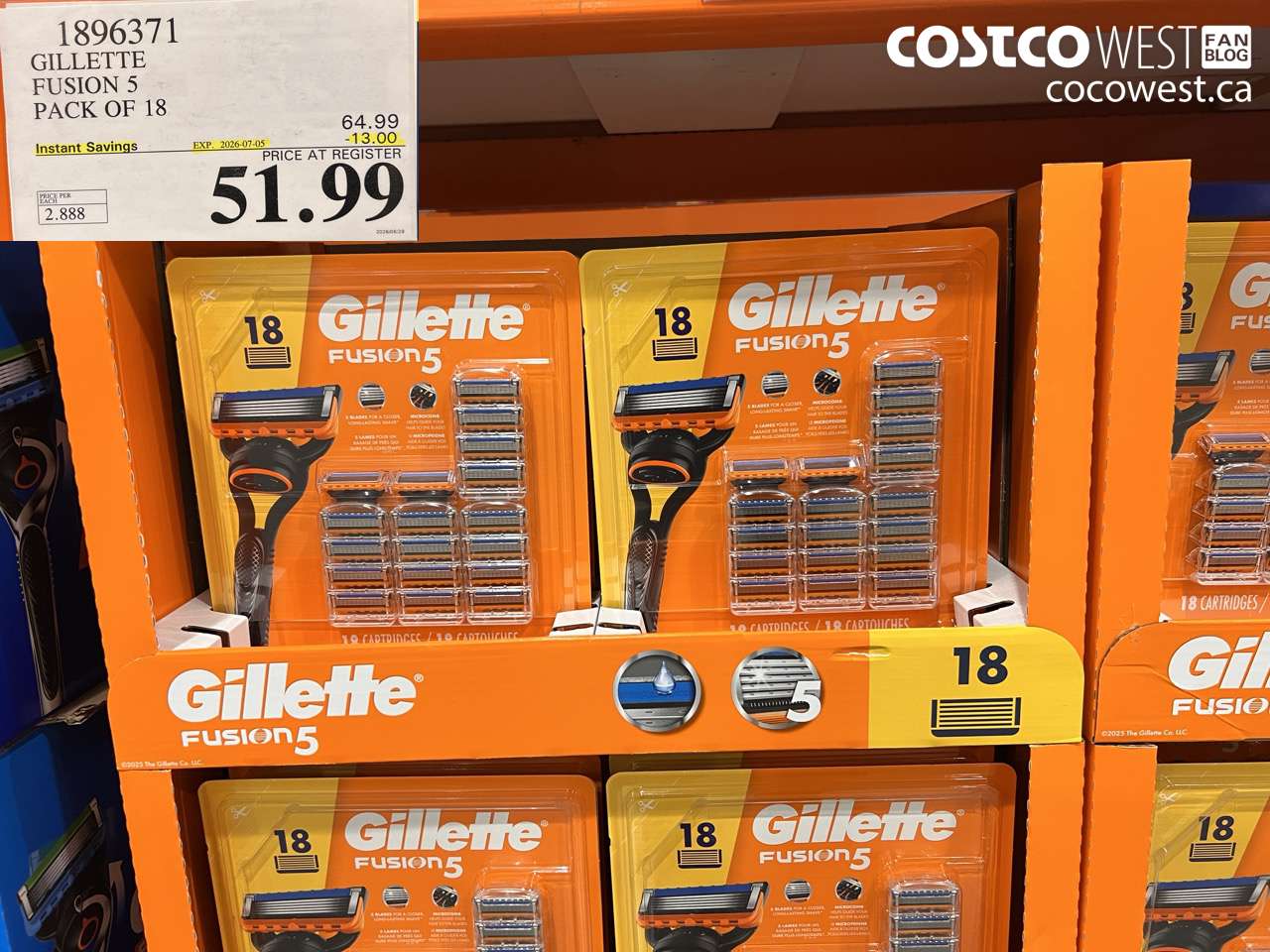 1896371 GILLETTE FUSION 5 PACK OF 18 ($13.00 INSTANT SAVINGS EXPIRES ON 2026-07-05) $51.99