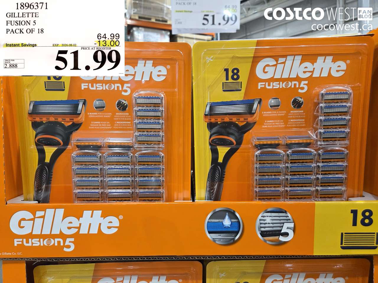 1896371 GILLETTE FUSION 5 PACK OF 18 ($13.00 INSTANT SAVINGS EXPIRES ON 2026-08-02) $51.99