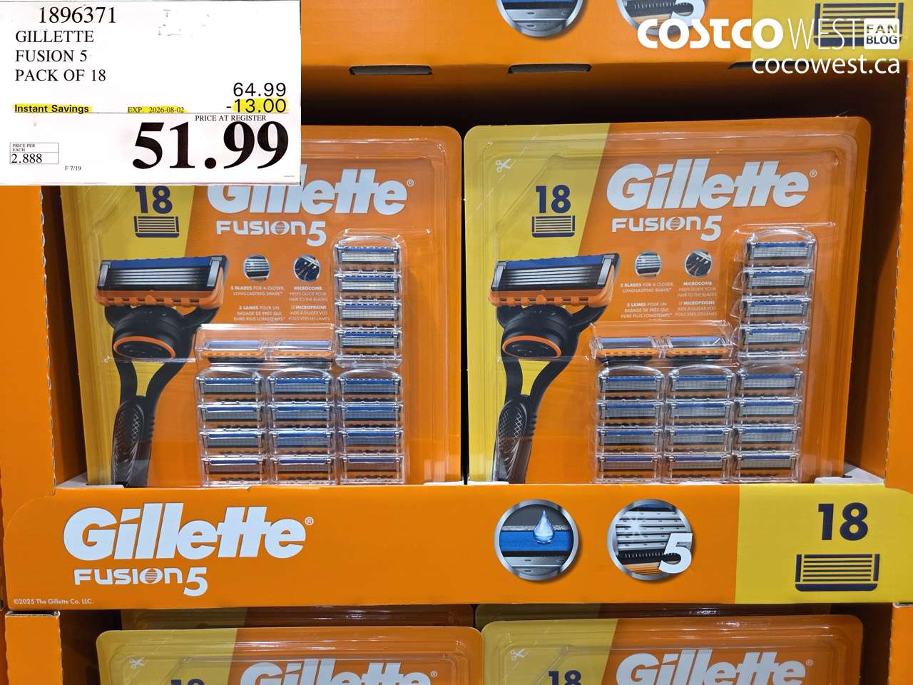 1896371 GILLETTE FUSION 5 PACK OF 18 ($13.00 INSTANT SAVINGS EXPIRES ON 2026-08-02) $51.99