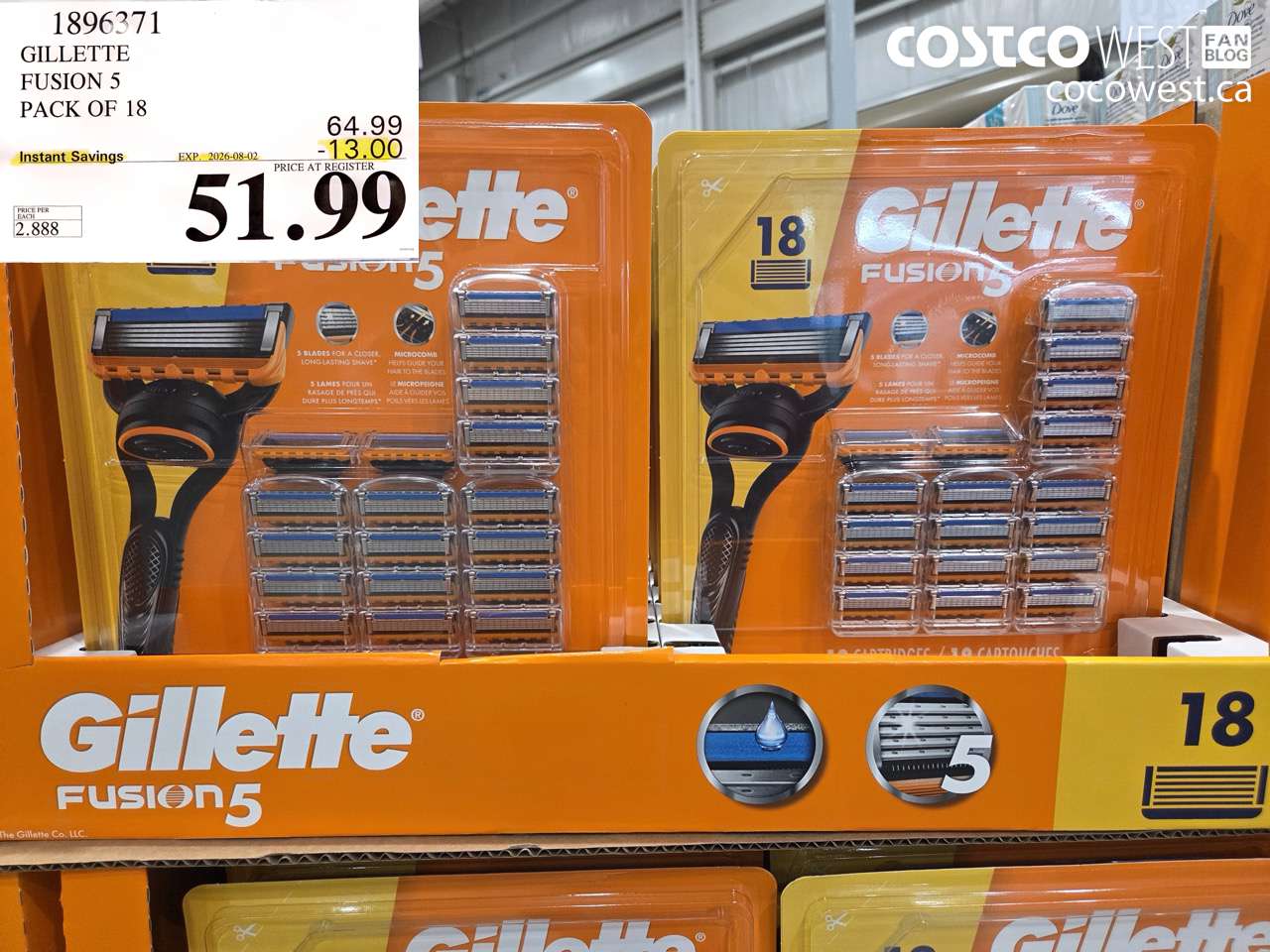 1896371 GILLETTE FUSION 5 PACK OF 18 ($13.00 INSTANT SAVINGS EXPIRES ON 2026-08-02) $51.99