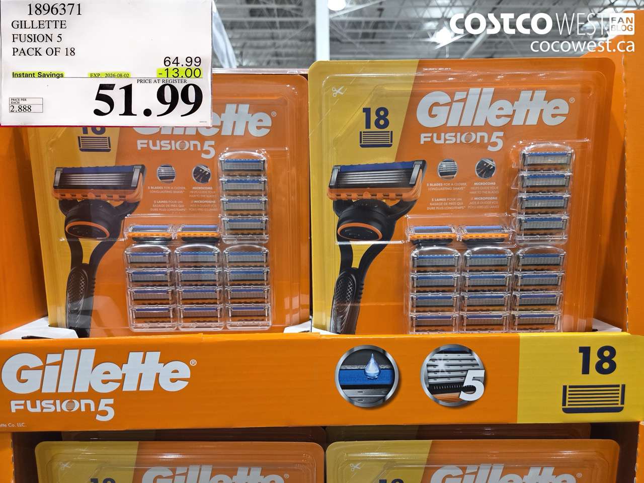 1896371 GILLETTE FUSION 5 PACK OF 18 ($13.00 INSTANT SAVINGS EXPIRES ON 2026-08-02) $51.99