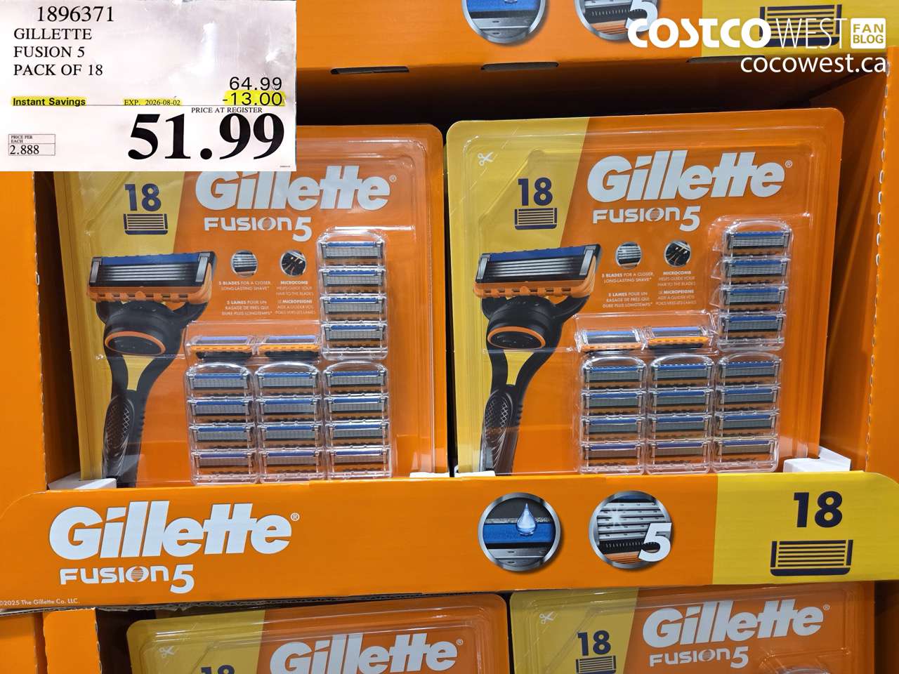 1896371 GILLETTE FUSION 5 PACK OF 18 ($13.00 INSTANT SAVINGS EXPIRES ON 2026-08-02) $51.99