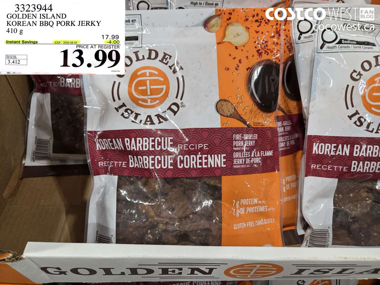 3323944 GOLDEN ISLAND KOREAN BBQ PORK JERKY 410 G ($4.00 INSTANT SAVINGS EXPIRES ON 2026-08-05) $13.99