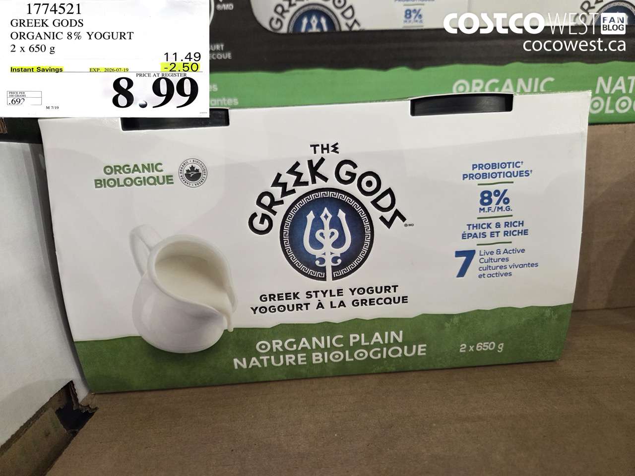 1774521 GREEK GODS ORGANIC 8% YOGURT 2 X 650 G ($2.50 INSTANT SAVINGS EXPIRES ON 2026-07-19) $8.99