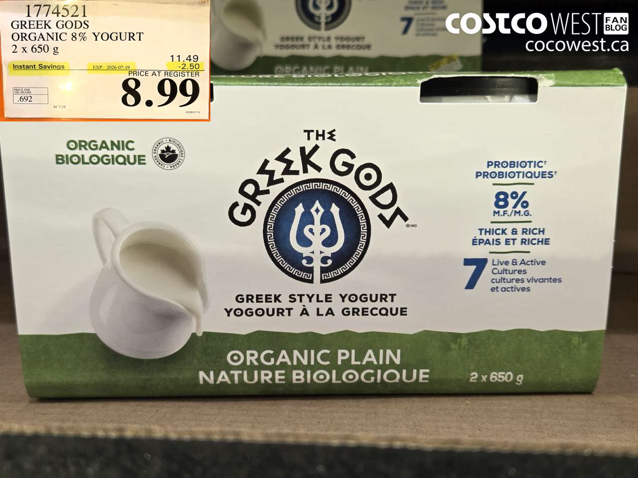 1774521 GREEK GODS ORGANIC 8% YOGURT 2 X 650 G ($2.50 INSTANT SAVINGS EXPIRES ON 2026-07-19) $8.99