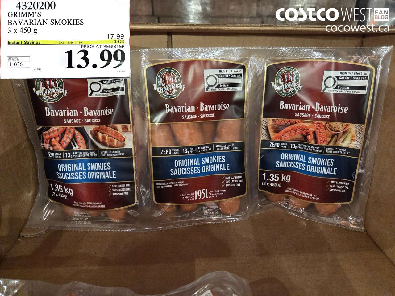 4320200 GRIMM'S BAVARIAN SMOKIES 3 X 450 G ($4.00 INSTANT SAVINGS EXPIRES ON 2026-07-19) $13.99