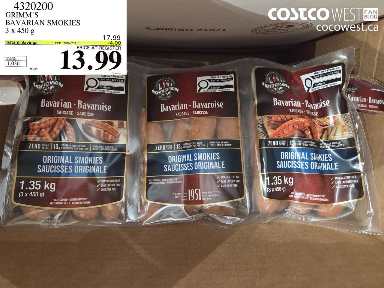 4320200 GRIMM'S BAVARIAN SMOKIES 3 X 450 G ($4.00 INSTANT SAVINGS EXPIRES ON 2026-07-21) $13.99