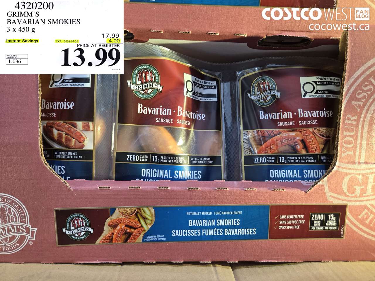 4320200 GRIMM'S BAVARIAN SMOKIES 3 X 450 G ($4.00 INSTANT SAVINGS EXPIRES ON 2026-07-29) $13.99
