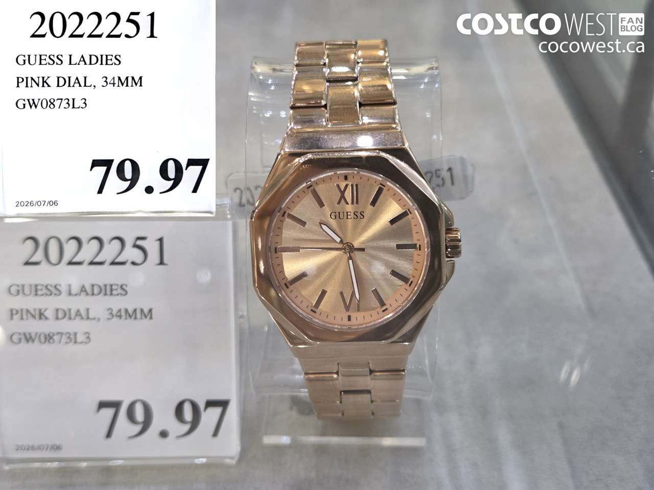 2022251 GUESS LADIES PINK DIAL, 34MM GW0873L3 $79.97