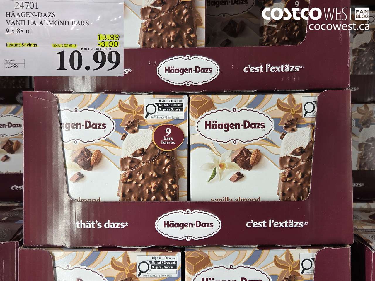24701 HÄAGEN-DAZS VANILLA ALMOND BARS 9 X 88 ML ($3.00 INSTANT SAVINGS EXPIRES ON 2026-07-19) $10.99