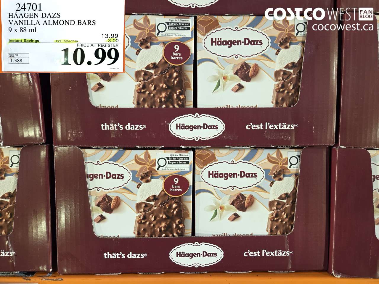 24701 HÄAGEN-DAZS VANILLA ALMOND BARS 9 X 88 ML ($3.00 INSTANT SAVINGS EXPIRES ON 2026-07-19) $10.99