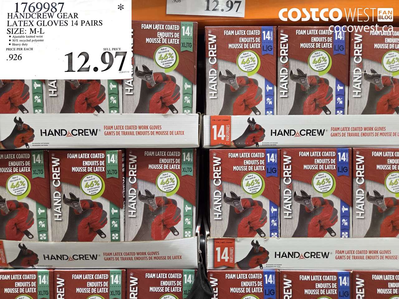 1769987 HANDCREW GEAR LATEX GLOVES 14 PAIRS SIZE: M-L $12.97