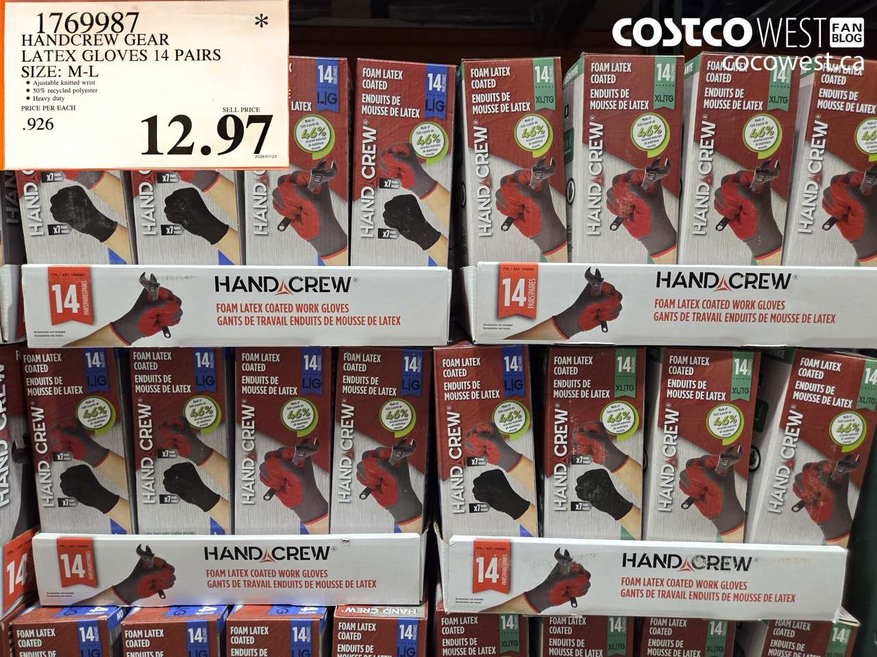 1769987 HANDCREW GEAR LATEX GLOVES 14 PAIRS SIZE: M-L $12.97