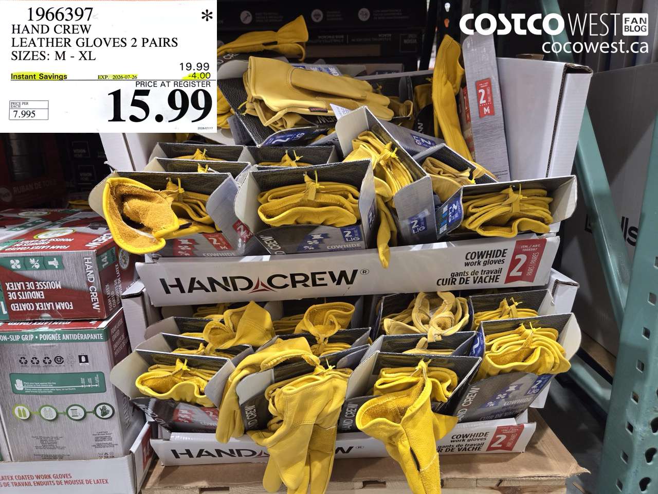 1966397 HAND CREW LEATHER GLOVES 2 PAIRS SIZES: M - XL ($4.00 INSTANT SAVINGS EXPIRES ON 2026-07-26) $15.99