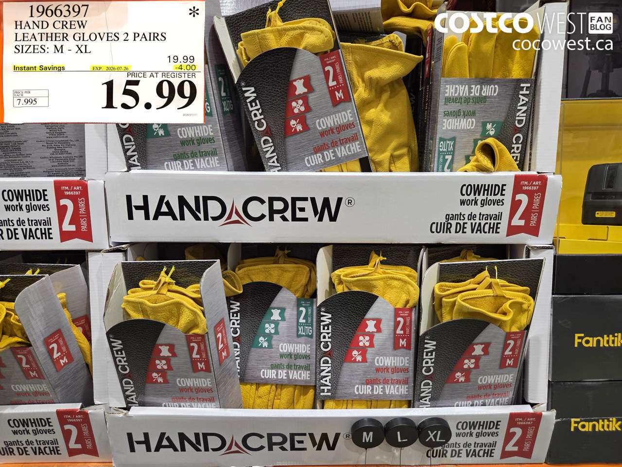 1966397 HAND CREW LEATHER GLOVES 2 PAIRS SIZES: M - XL ($4.00 INSTANT SAVINGS EXPIRES ON 2026-07-26) $15.99
