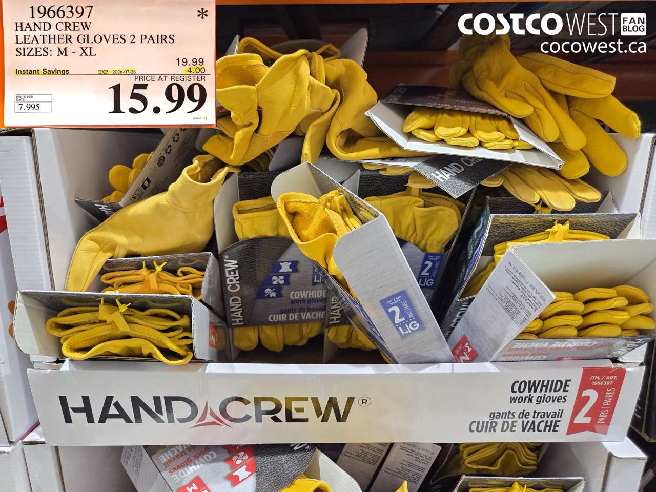 1966397 HAND CREW LEATHER GLOVES 2 PAIRS SIZES: M - XL ($4.00 INSTANT SAVINGS EXPIRES ON 2026-07-26) $15.99