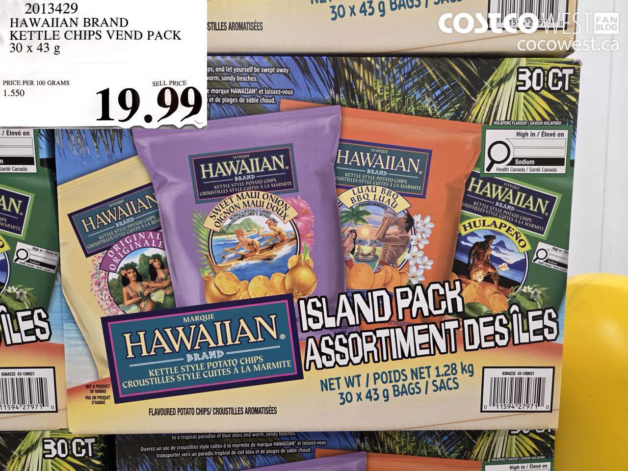 2013429 HAWAIIAN BRAND KETTLE CHIPS VEND PACK 30 X 43 G $19.99