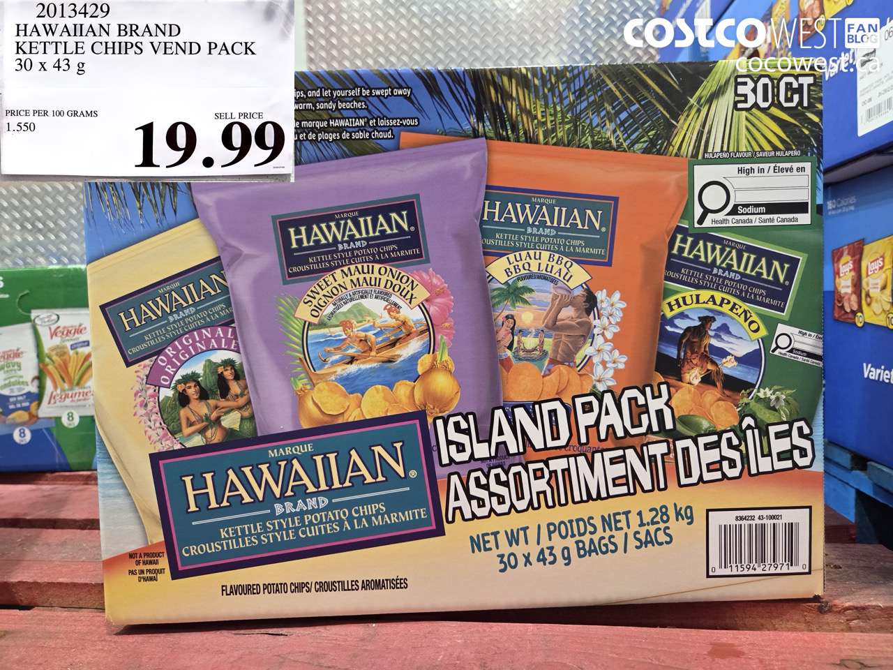 2013429 HAWAIIAN BRAND KETTLE CHIPS VEND PACK 30 X 43 G $19.99