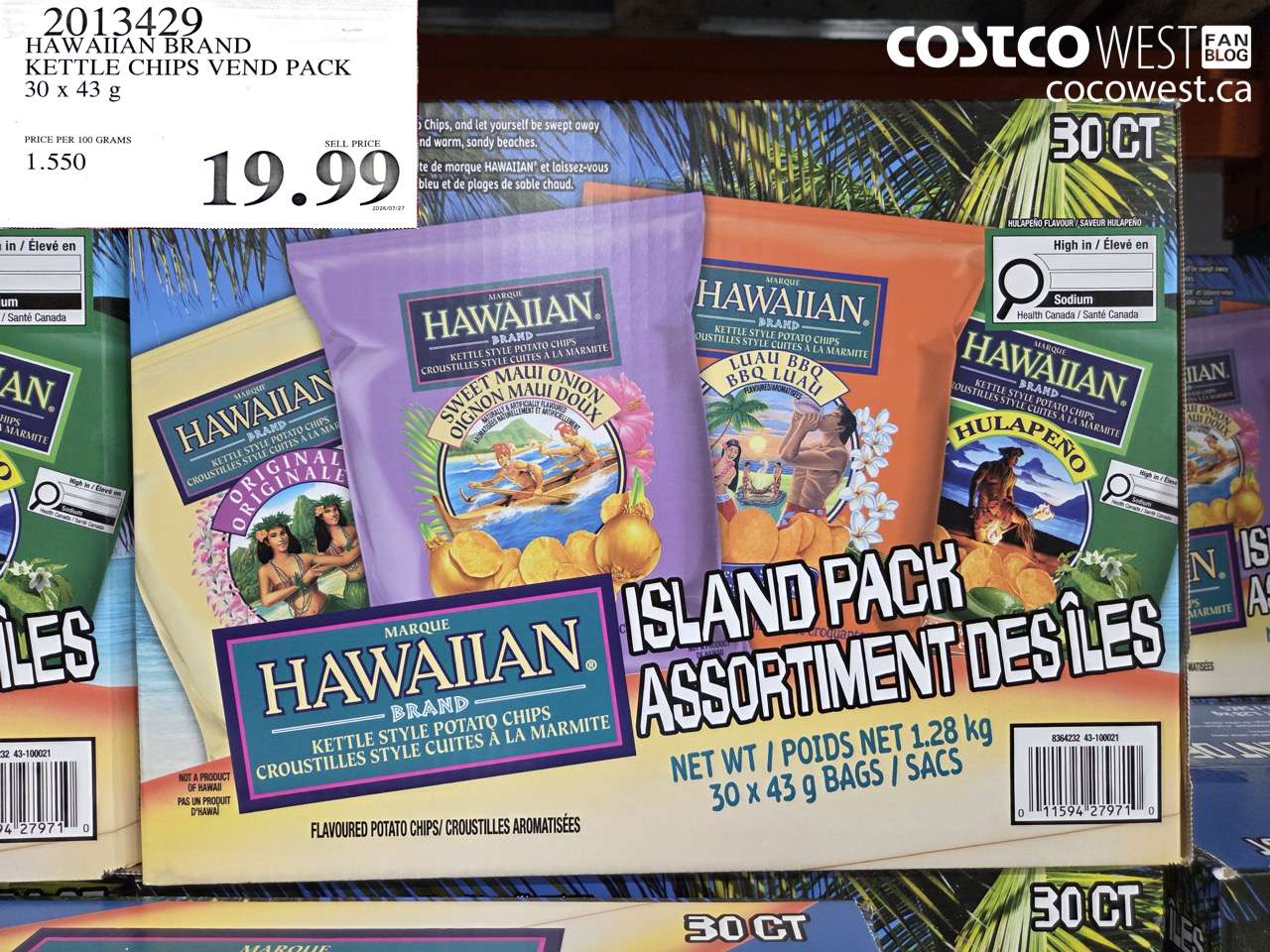 2013429 HAWAIIAN BRAND KETTLE CHIPS VEND PACK 30 X 43 G $19.99