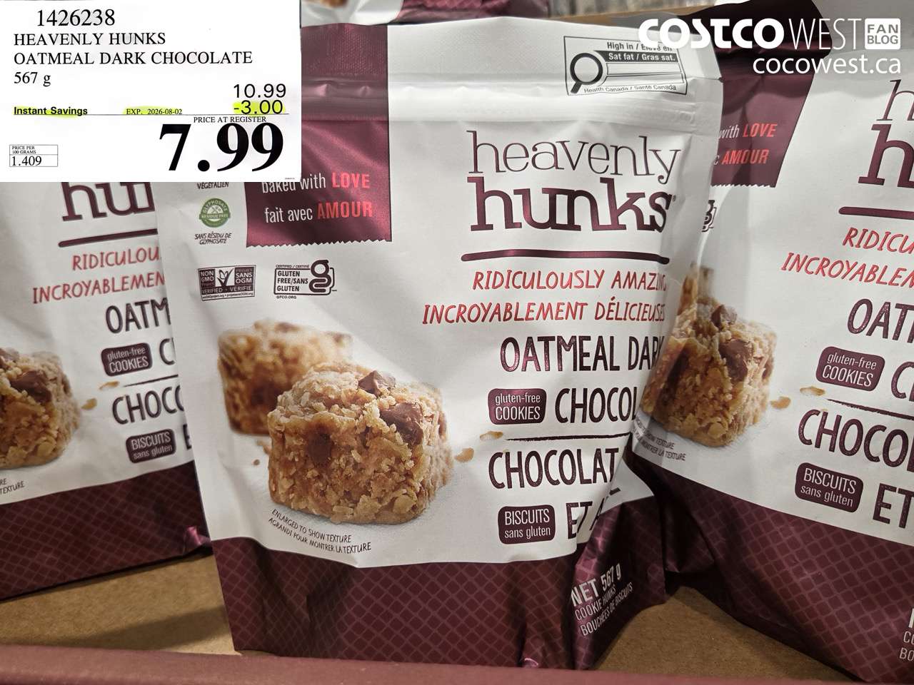 1426238 HEAVENLY HUNKS OATMEAL DARK CHOCOLATE 567 G ($3.00 INSTANT SAVINGS EXPIRES ON 2026-08-02) $7.99