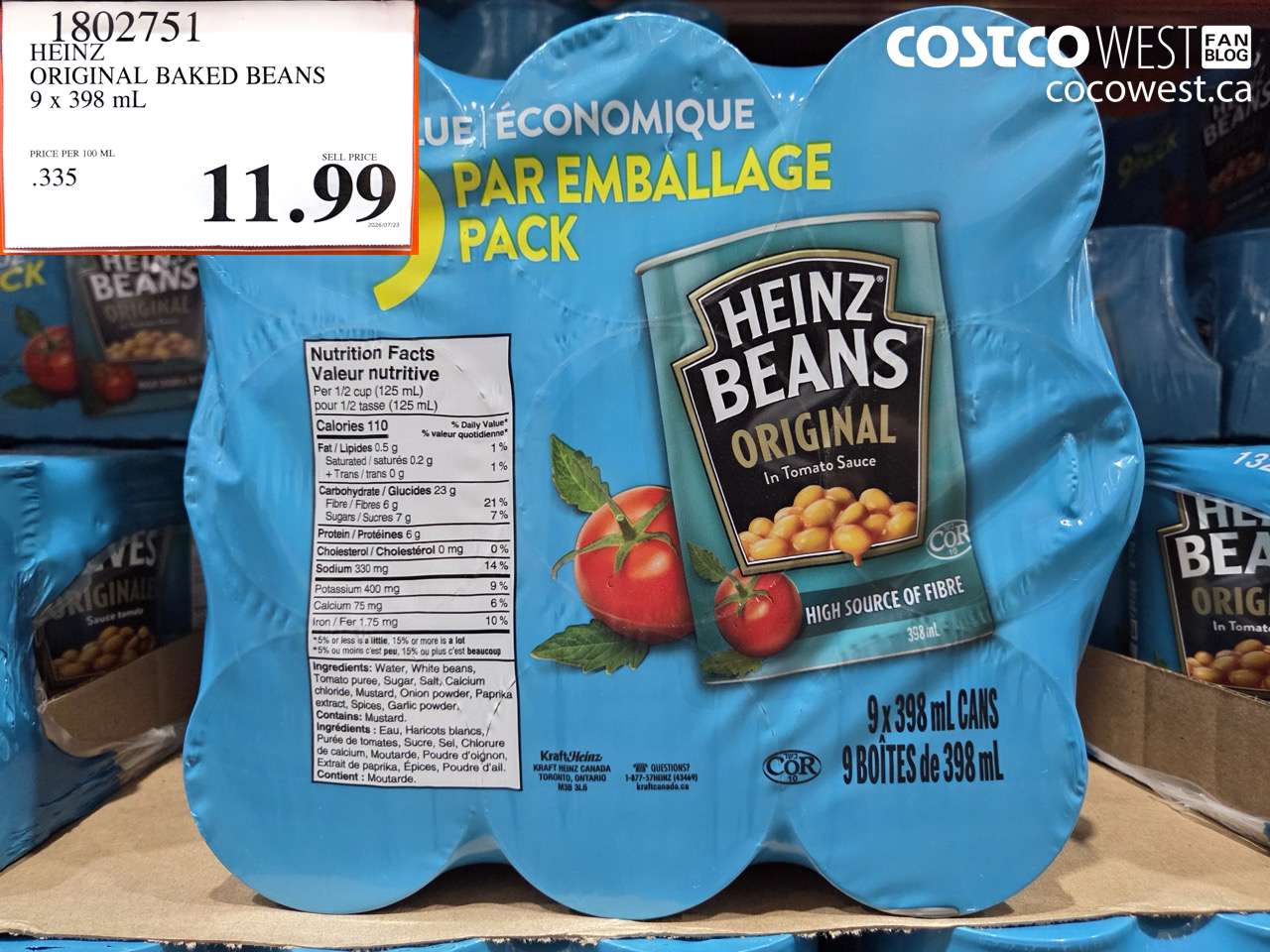1802751 HEINZ ORIGINAL BAKED BEANS 9 X 398 ML $11.99