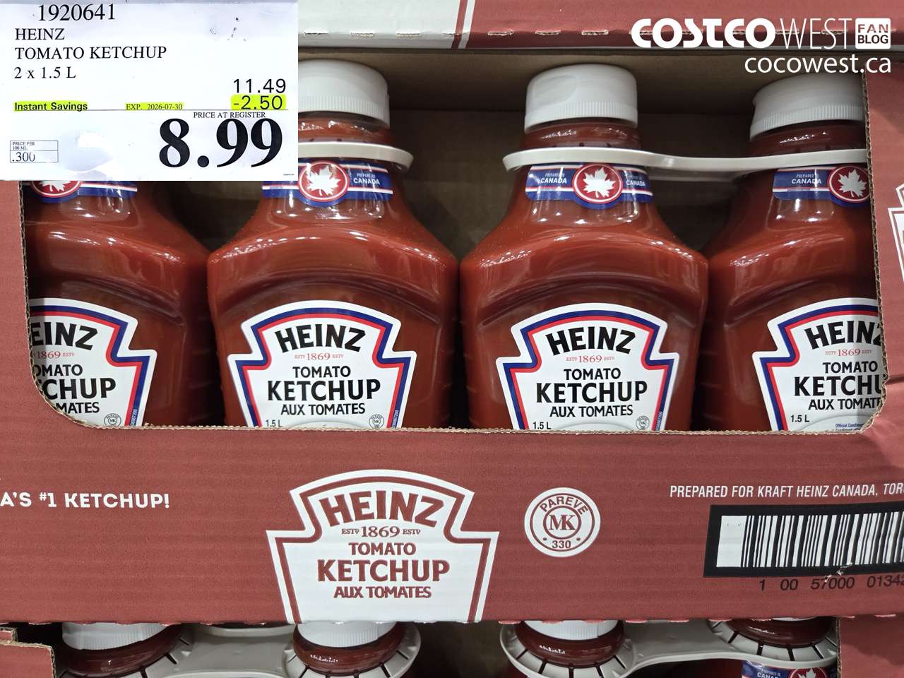1920641 HEINZ TOMATO KETCHUP 2 X 1.5 L ($2.50 INSTANT SAVINGS EXPIRES ON 2026-07-30) $8.99