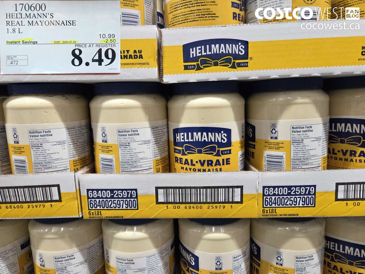 170600 HELLMANN'S REAL MAYONNAISE 1.8 L ($2.50 INSTANT SAVINGS EXPIRES ON 2026-07-19) $8.49