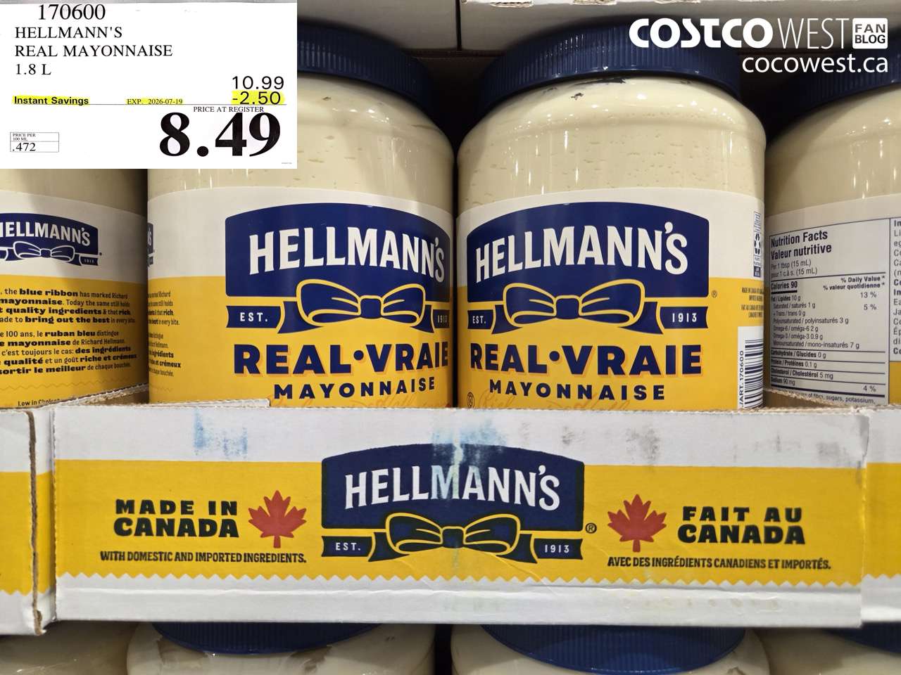 170600 HELLMANN'S REAL MAYONNAISE 1.8 L ($2.50 INSTANT SAVINGS EXPIRES ON 2026-07-19) $8.49